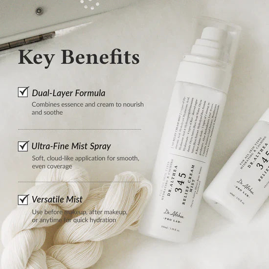 Fine milky cloud spray pattern of Dr Althea 345 cream mist being spritzed onto skin