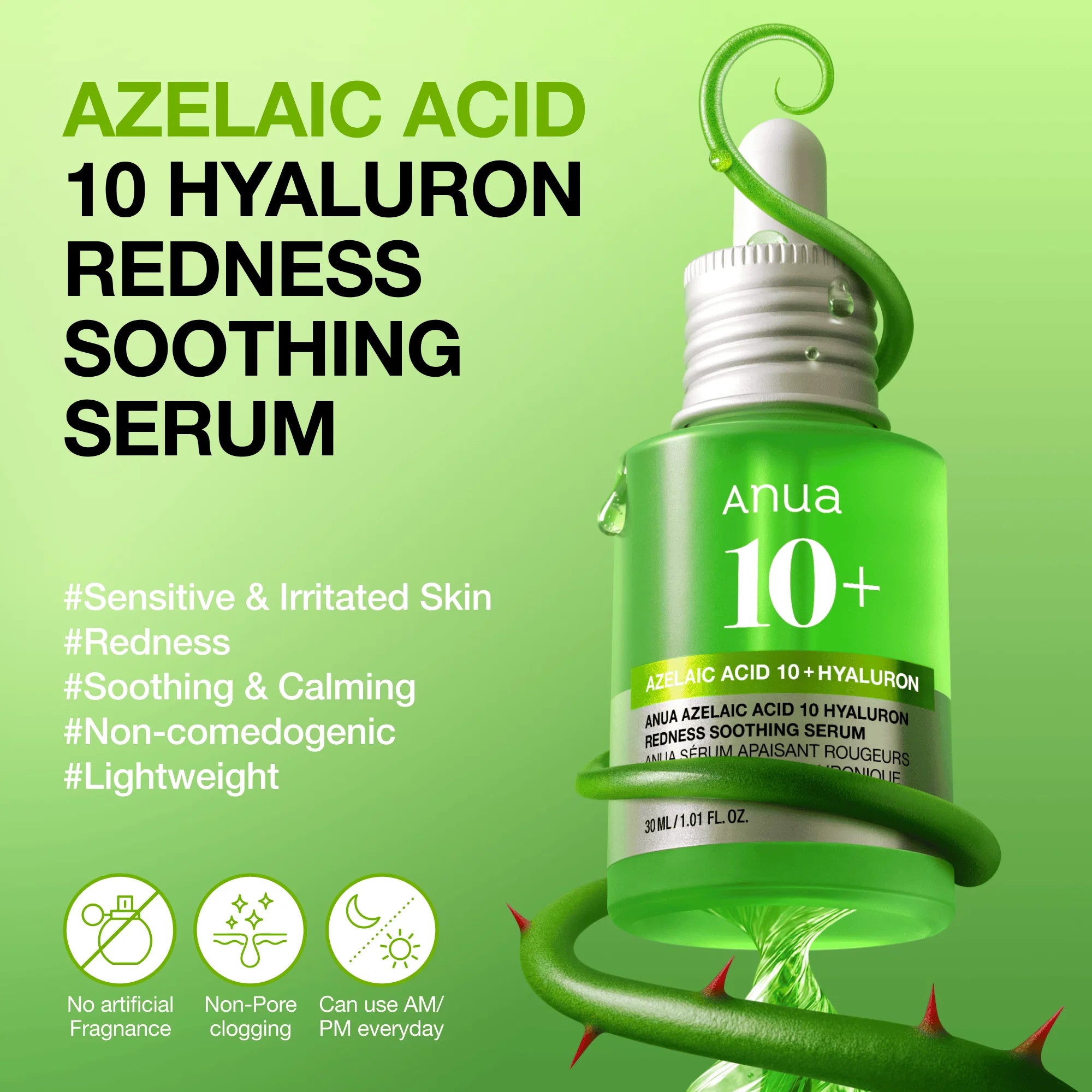 Lightweight watery green texture of Anua Azelaic Acid serum being applied to skin