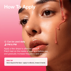 Pink tinted watery gel texture of Anua Dark Spot Correcting Serum dropped onto clean skin